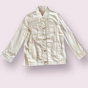 Free People Cream Distressed Jean Jacket Fringe Cuffs Button Front Size Small